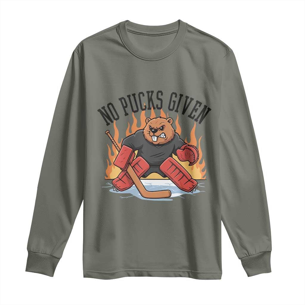 Funny Beaver Ice Hockey Goalie Gift Long Sleeve Shirt No Pucks Given - Wonder Print Shop