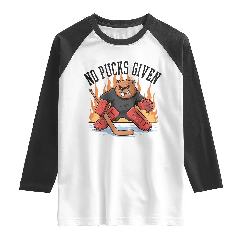 Funny Beaver Ice Hockey Goalie Gift Raglan Shirt No Pucks Given - Wonder Print Shop