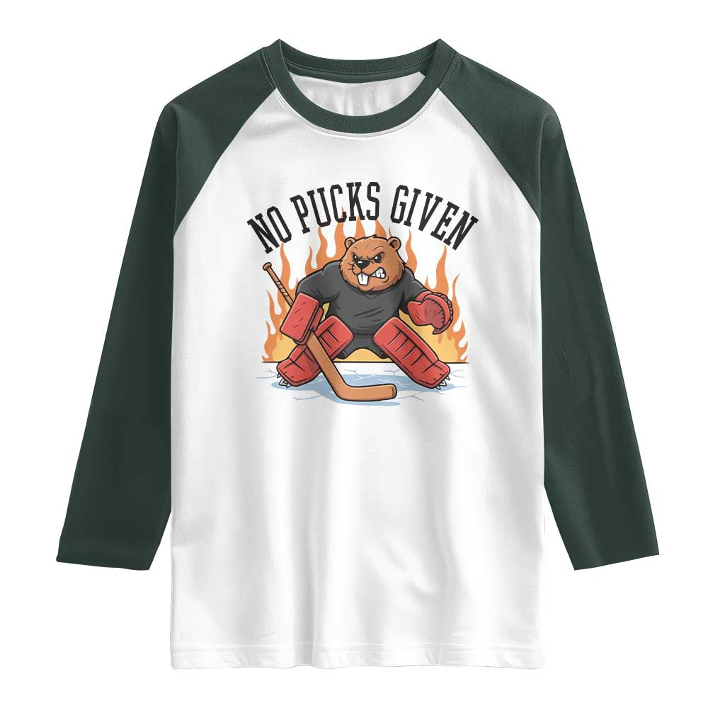 Funny Beaver Ice Hockey Goalie Gift Raglan Shirt No Pucks Given - Wonder Print Shop