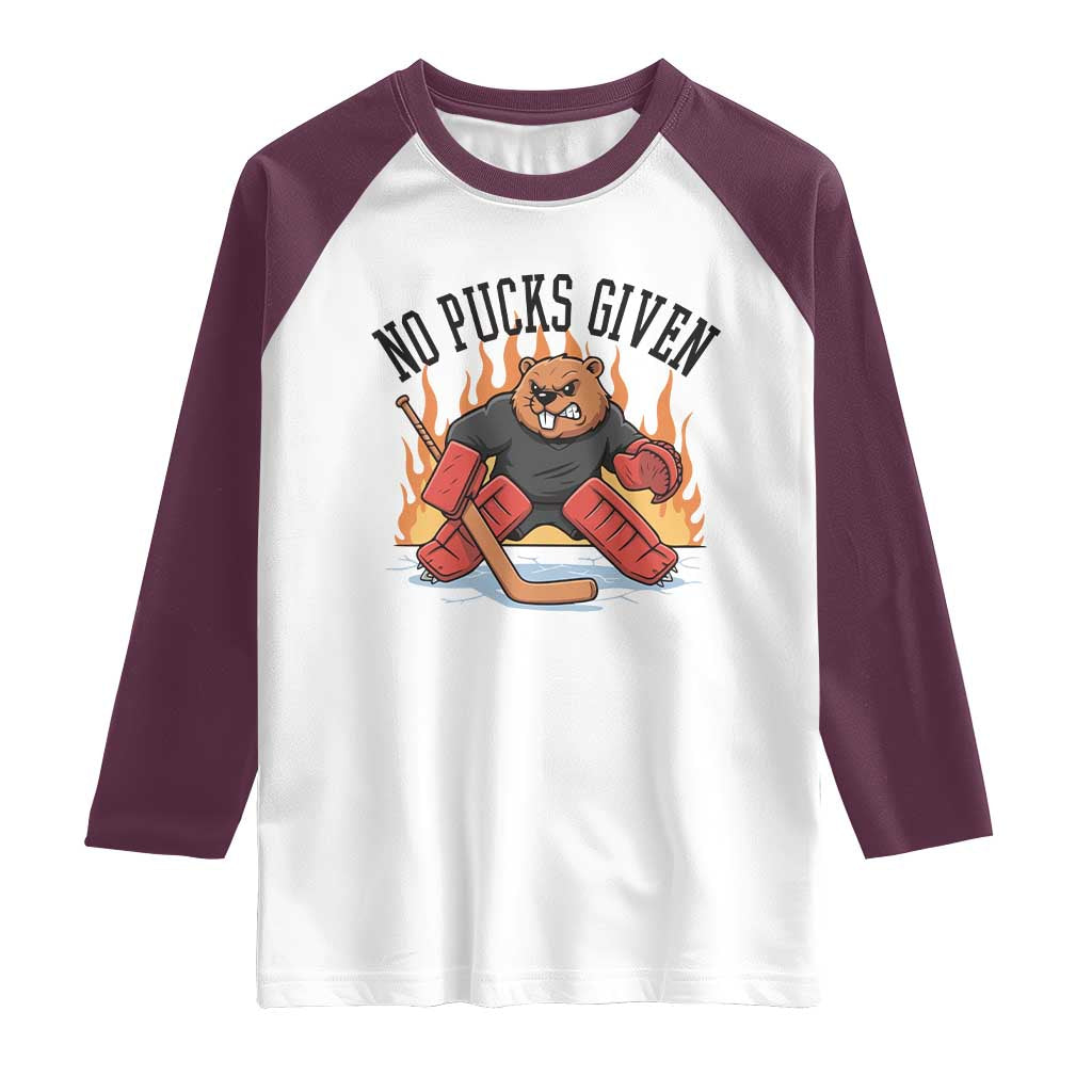 Funny Beaver Ice Hockey Goalie Gift Raglan Shirt No Pucks Given - Wonder Print Shop