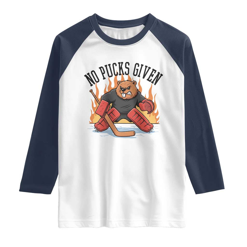 Funny Beaver Ice Hockey Goalie Gift Raglan Shirt No Pucks Given - Wonder Print Shop