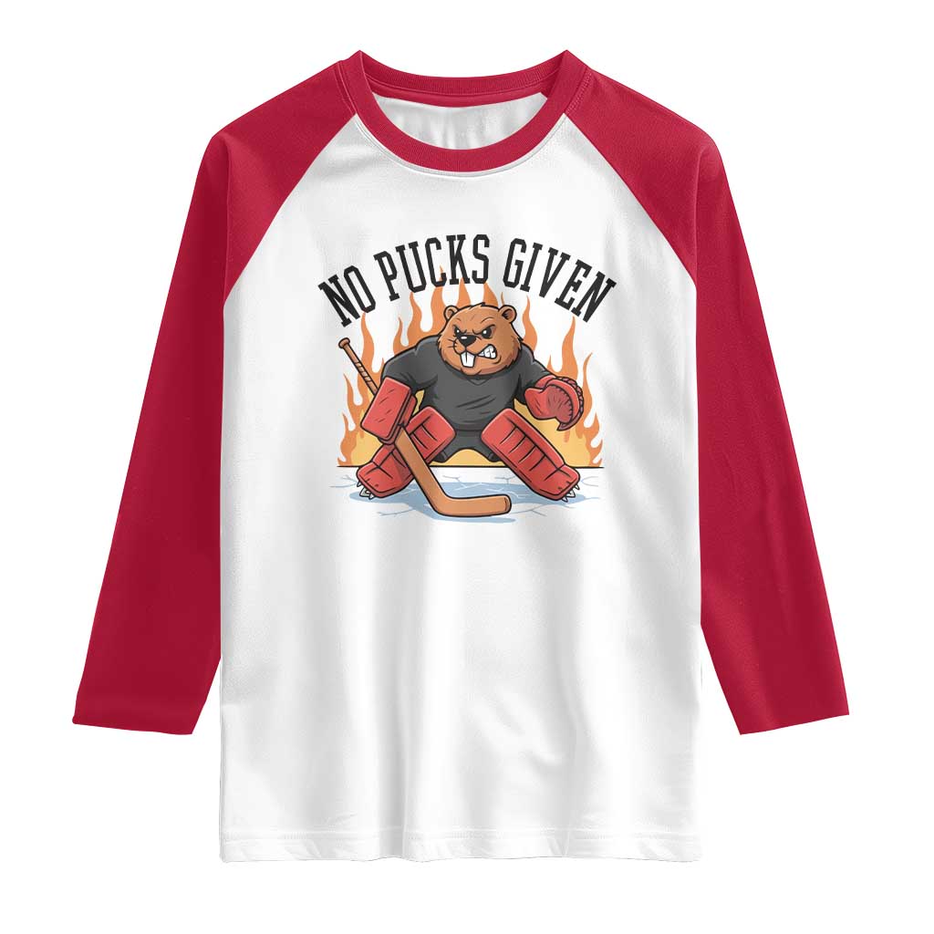 Funny Beaver Ice Hockey Goalie Gift Raglan Shirt No Pucks Given - Wonder Print Shop