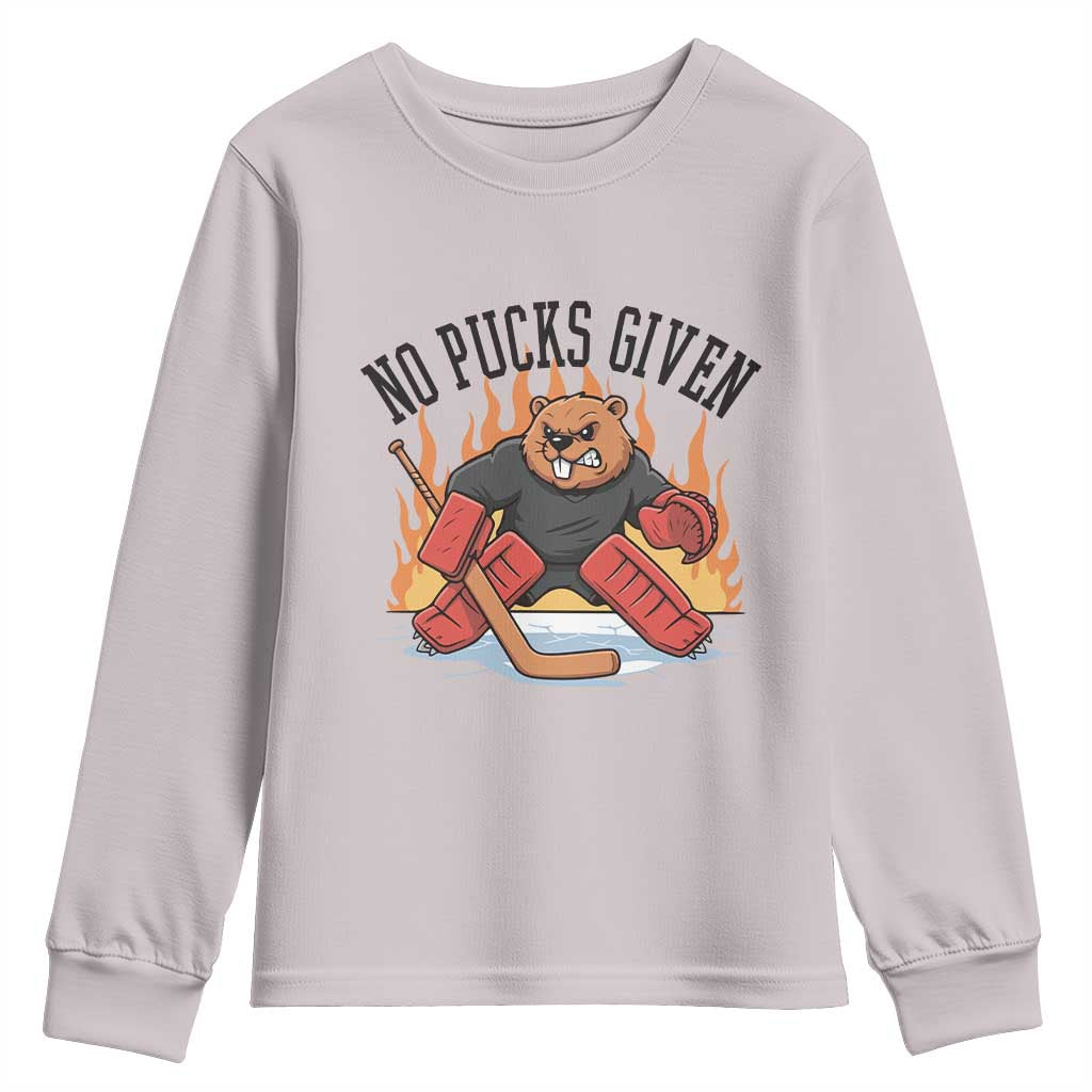 Funny Beaver Ice Hockey Goalie Gift Youth Sweatshirt No Pucks Given - Wonder Print Shop
