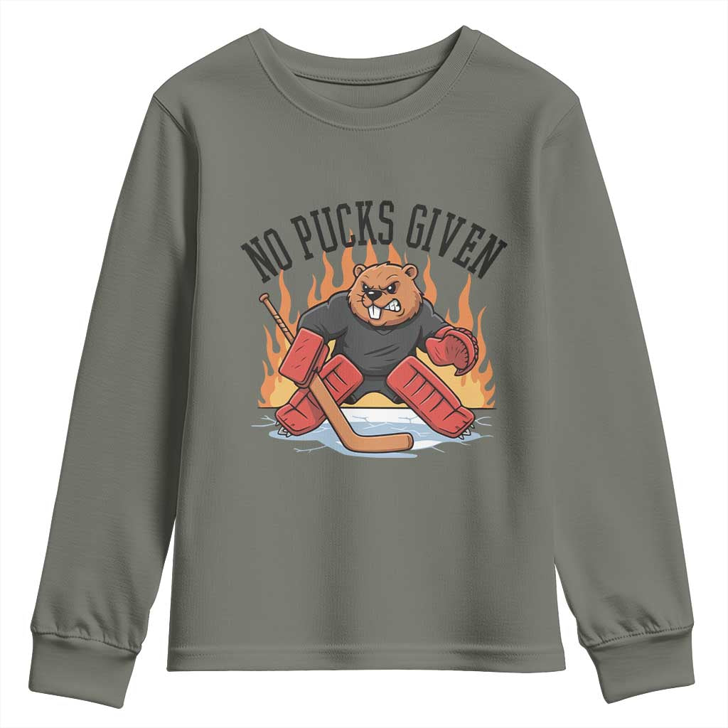 Funny Beaver Ice Hockey Goalie Gift Youth Sweatshirt No Pucks Given - Wonder Print Shop