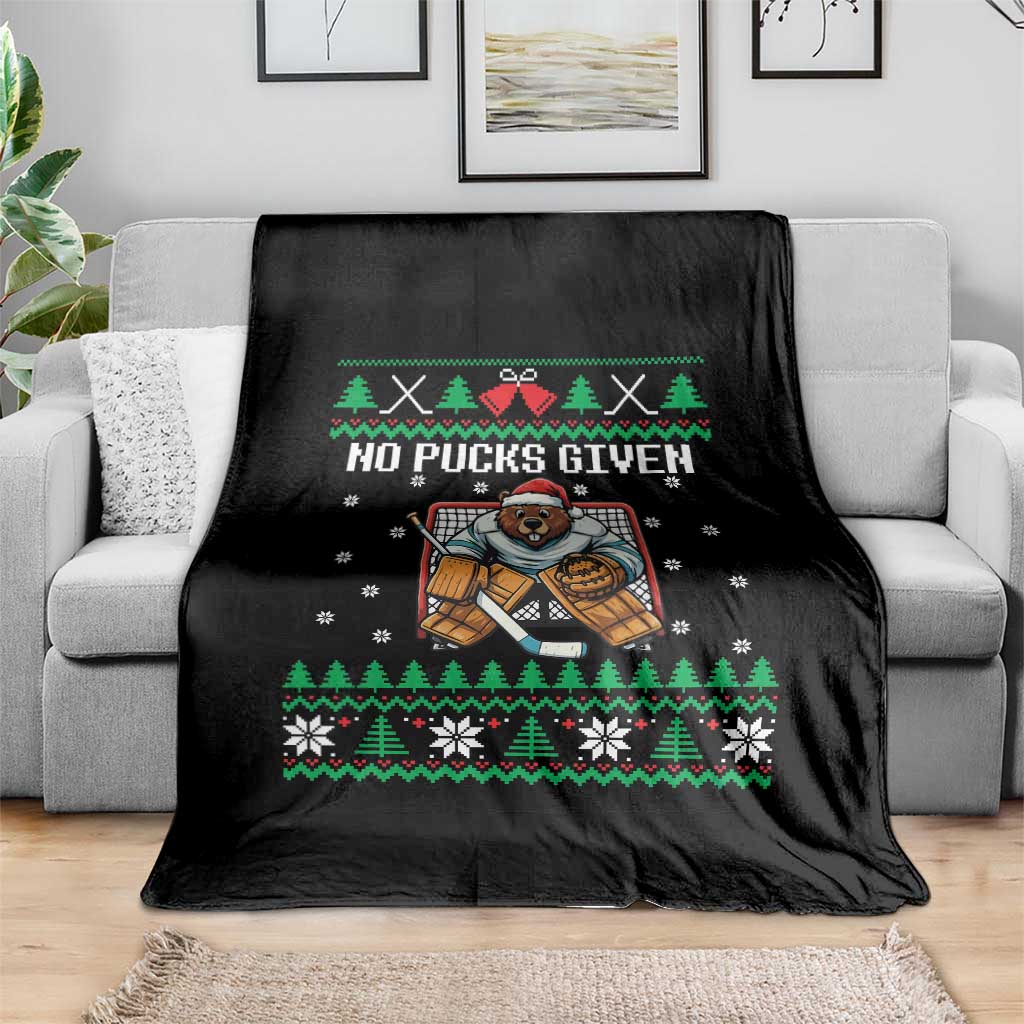 Ugly Christmas Sweater Beaver Ice Hockey Goalie Throw Blanket No Pucks Given - Wonder Print Shop