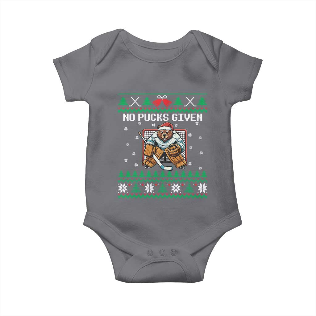 Ugly Christmas Sweater Beaver Ice Hockey Goalie Baby Onesie No Pucks Given - Wonder Print Shop