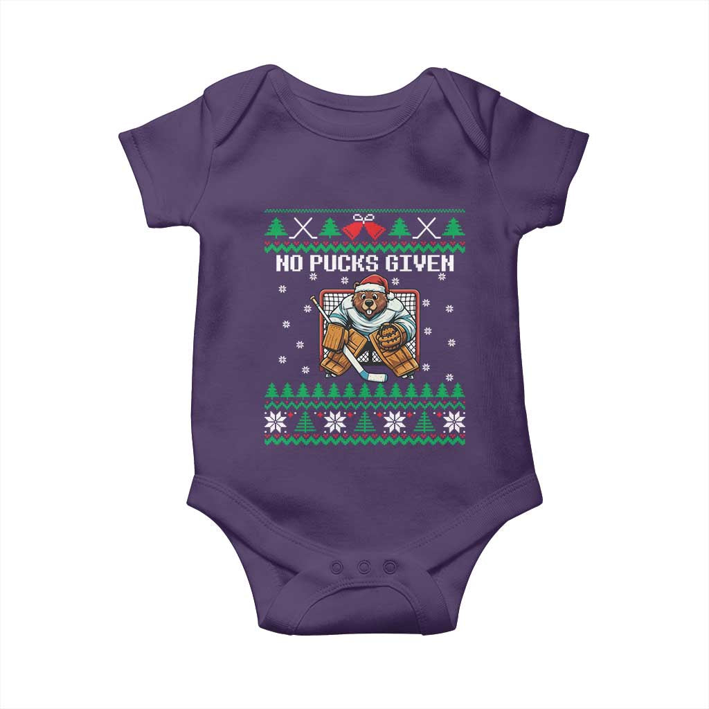Ugly Christmas Sweater Beaver Ice Hockey Goalie Baby Onesie No Pucks Given - Wonder Print Shop