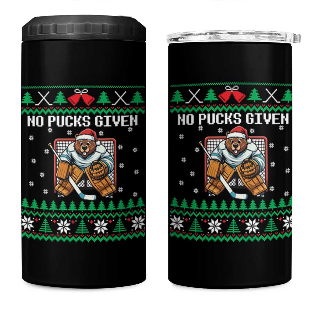 Ugly Christmas Sweater Beaver Ice Hockey Goalie 4 in 1 Can Cooler Tumbler No Pucks Given - Wonder Print Shop
