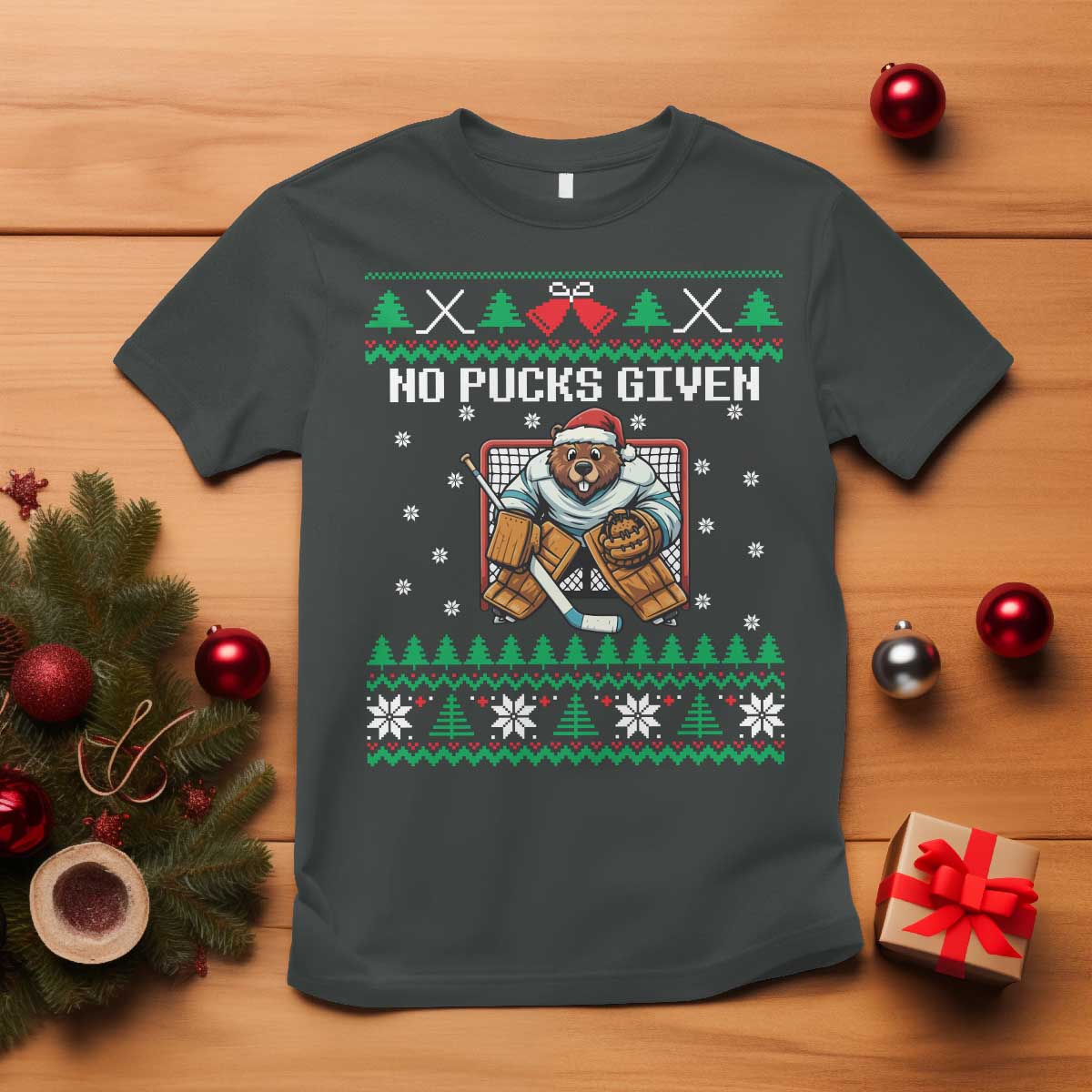 Ugly Christmas Sweater Beaver Ice Hockey Goalie T Shirt No Pucks Given - Wonder Print Shop