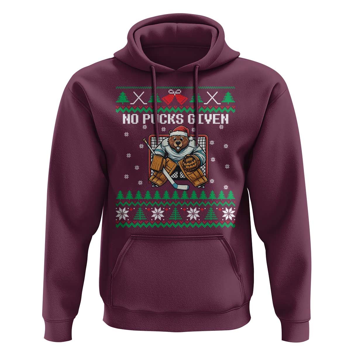Ugly Christmas Sweater Beaver Ice Hockey Goalie Hoodie No Pucks Given - Wonder Print Shop