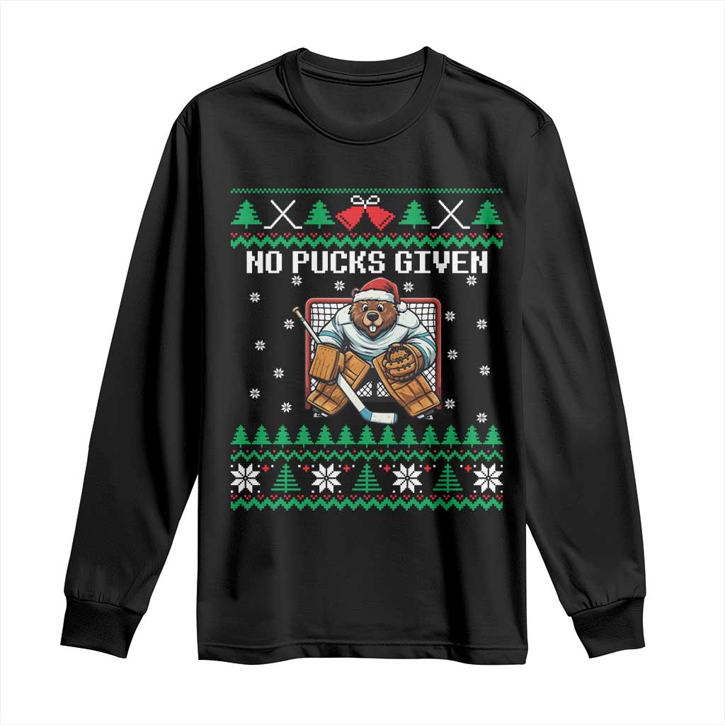 Ugly Christmas Sweater Beaver Ice Hockey Goalie Long Sleeve Shirt No Pucks Given - Wonder Print Shop