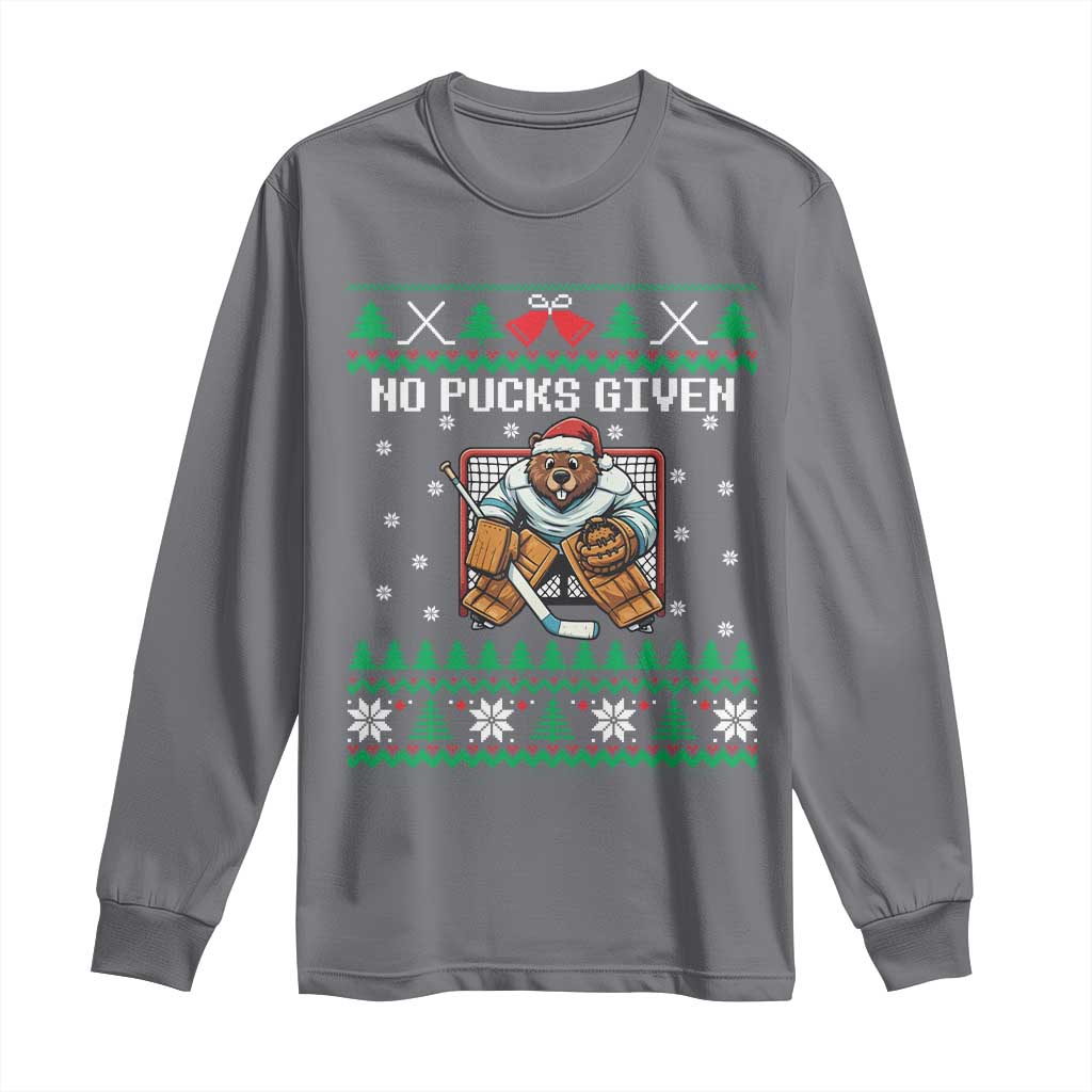 Ugly Christmas Sweater Beaver Ice Hockey Goalie Long Sleeve Shirt No Pucks Given - Wonder Print Shop