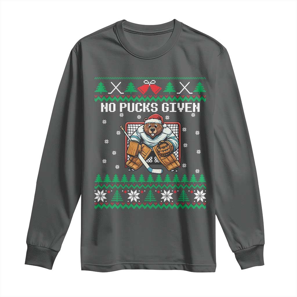 Ugly Christmas Sweater Beaver Ice Hockey Goalie Long Sleeve Shirt No Pucks Given - Wonder Print Shop