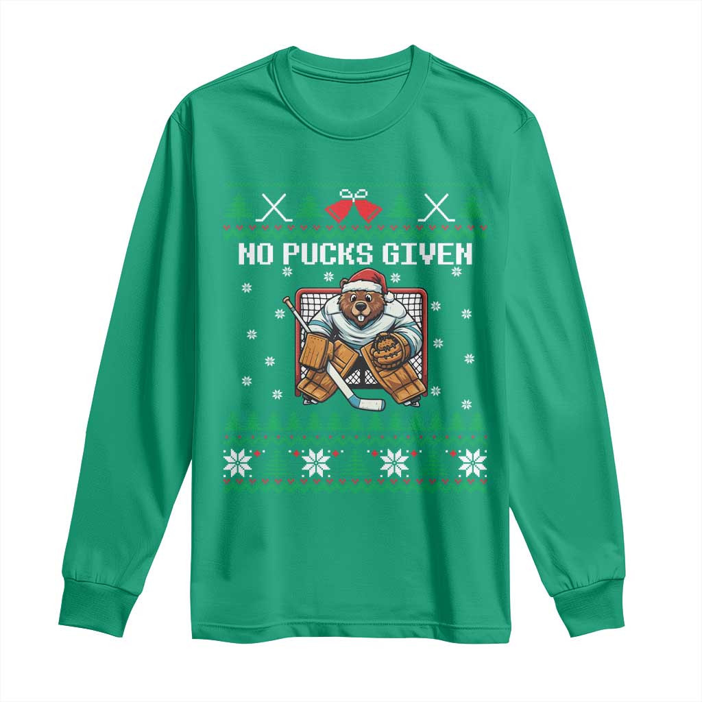 Ugly Christmas Sweater Beaver Ice Hockey Goalie Long Sleeve Shirt No Pucks Given - Wonder Print Shop
