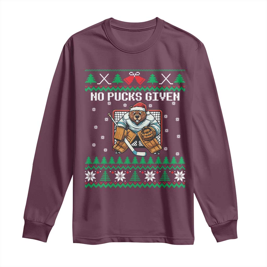 Ugly Christmas Sweater Beaver Ice Hockey Goalie Long Sleeve Shirt No Pucks Given - Wonder Print Shop