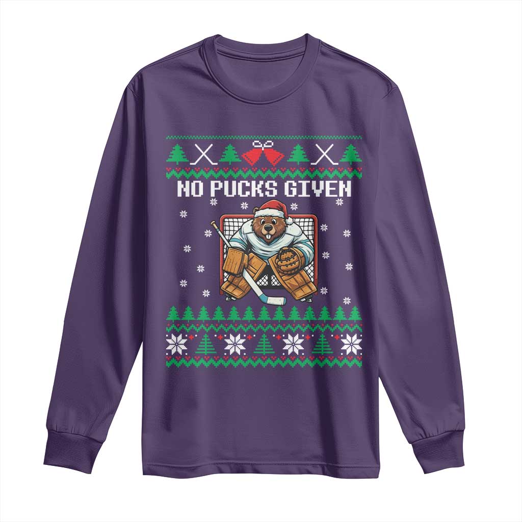 Ugly Christmas Sweater Beaver Ice Hockey Goalie Long Sleeve Shirt No Pucks Given - Wonder Print Shop
