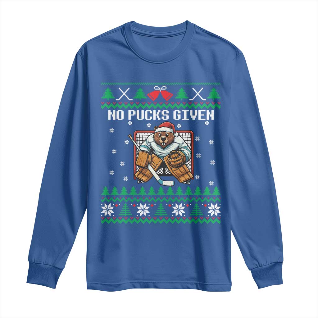 Ugly Christmas Sweater Beaver Ice Hockey Goalie Long Sleeve Shirt No Pucks Given - Wonder Print Shop