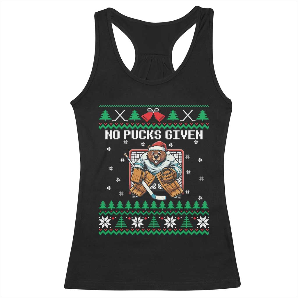 Ugly Christmas Sweater Beaver Ice Hockey Goalie Racerback Tank Top No Pucks Given - Wonder Print Shop