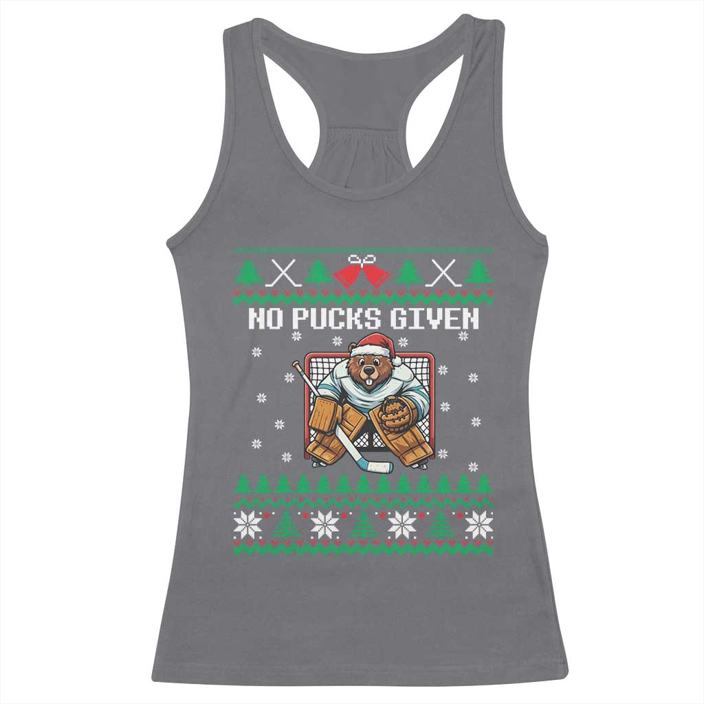 Ugly Christmas Sweater Beaver Ice Hockey Goalie Racerback Tank Top No Pucks Given - Wonder Print Shop