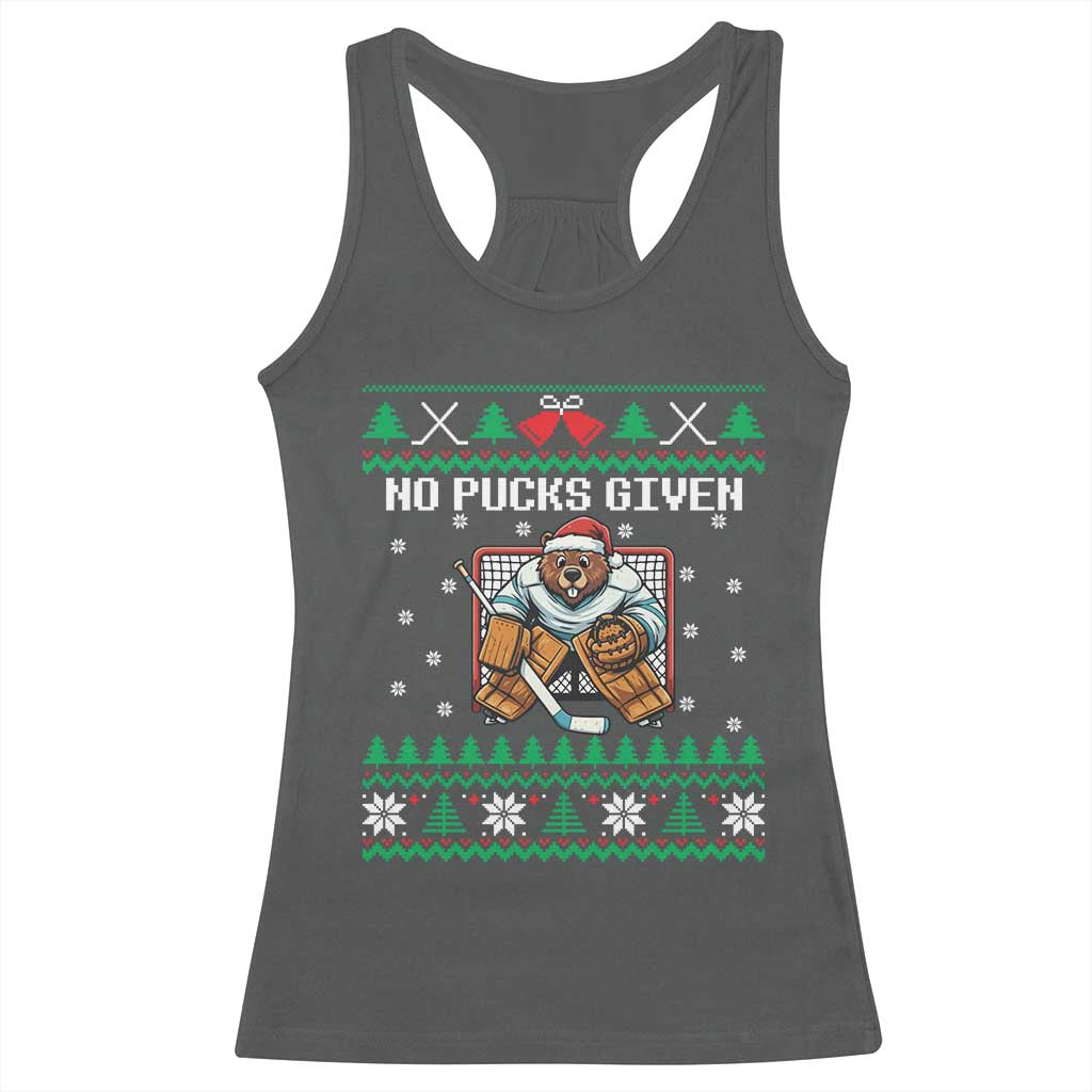 Ugly Christmas Sweater Beaver Ice Hockey Goalie Racerback Tank Top No Pucks Given - Wonder Print Shop