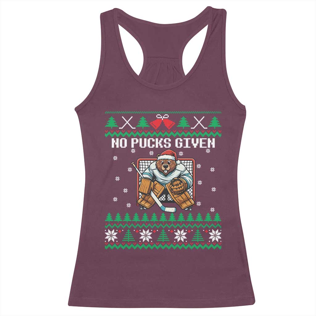 Ugly Christmas Sweater Beaver Ice Hockey Goalie Racerback Tank Top No Pucks Given - Wonder Print Shop