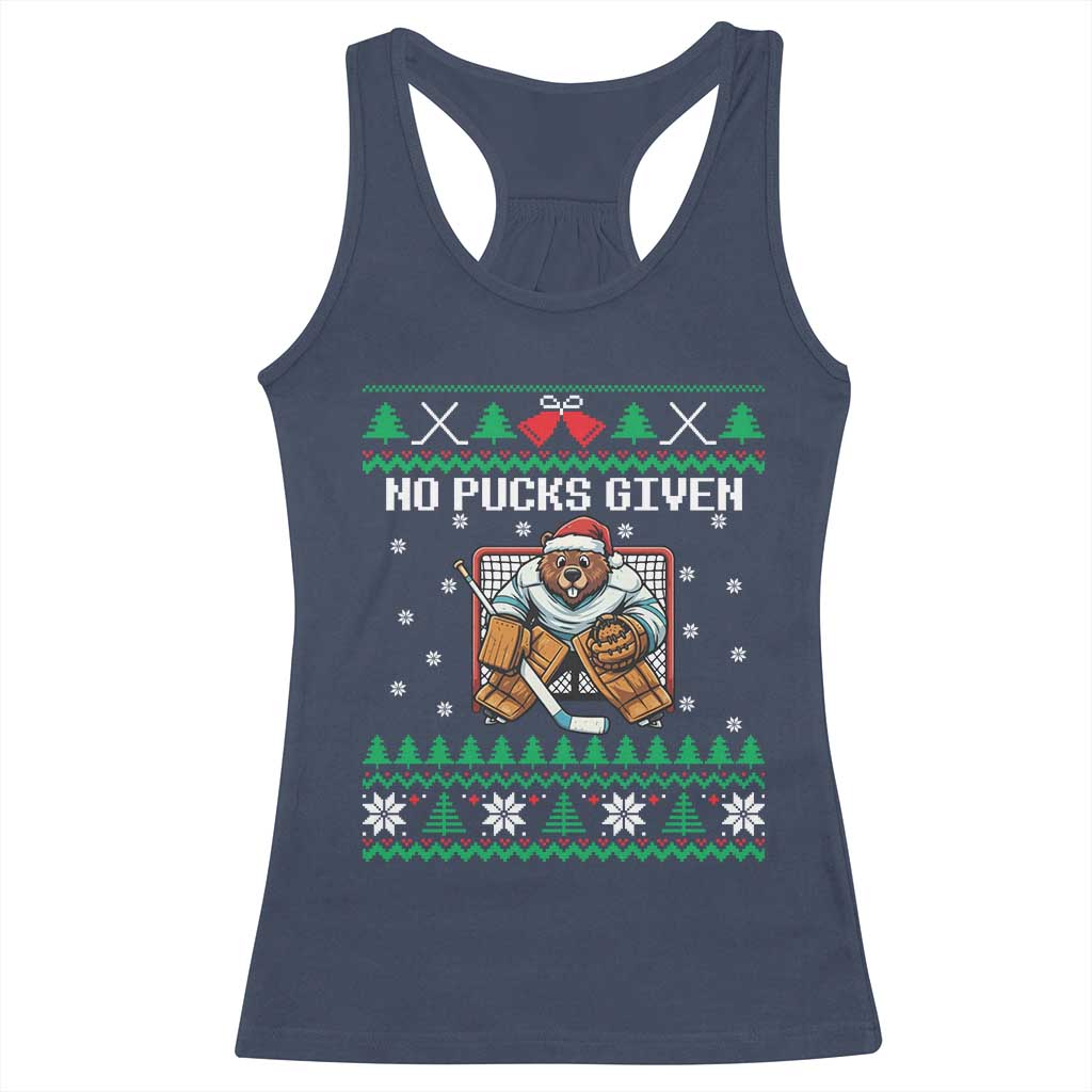 Ugly Christmas Sweater Beaver Ice Hockey Goalie Racerback Tank Top No Pucks Given - Wonder Print Shop