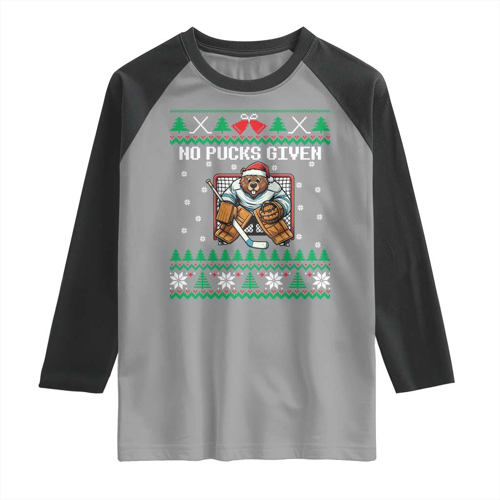 Ugly Christmas Sweater Beaver Ice Hockey Goalie Raglan Shirt No Pucks Given - Wonder Print Shop