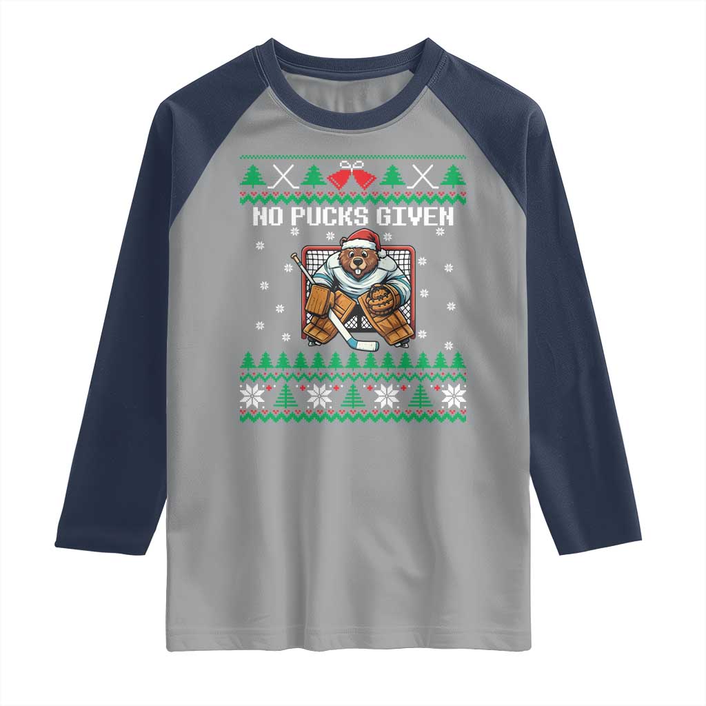 Ugly Christmas Sweater Beaver Ice Hockey Goalie Raglan Shirt No Pucks Given - Wonder Print Shop