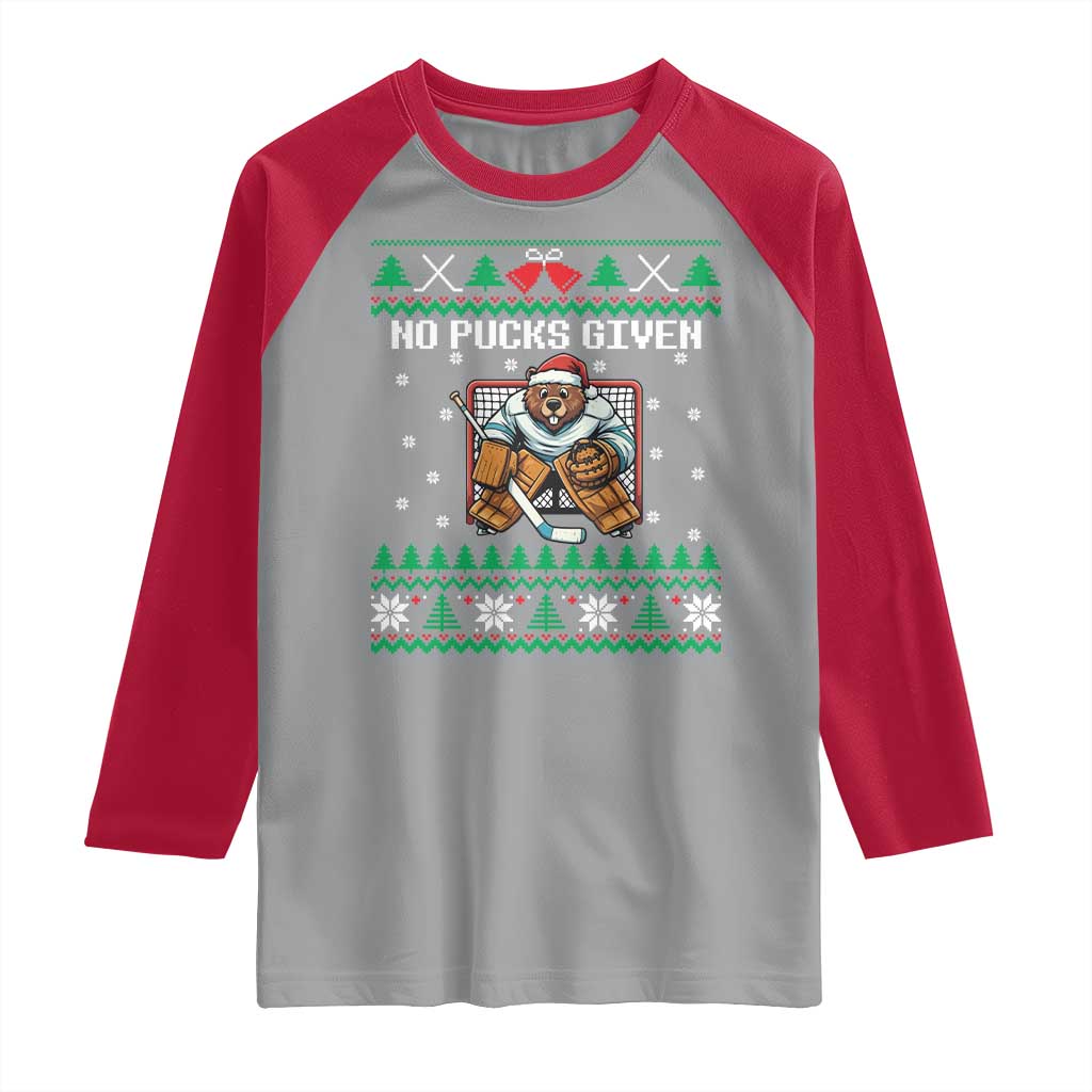 Ugly Christmas Sweater Beaver Ice Hockey Goalie Raglan Shirt No Pucks Given - Wonder Print Shop