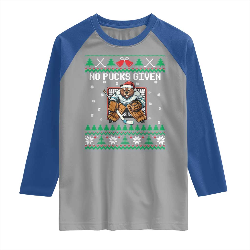 Ugly Christmas Sweater Beaver Ice Hockey Goalie Raglan Shirt No Pucks Given - Wonder Print Shop