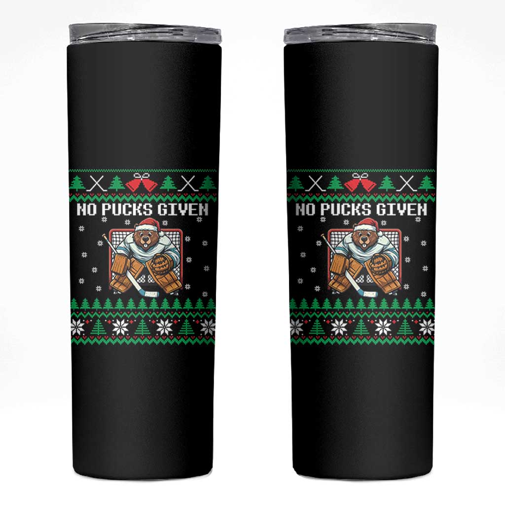 Ugly Christmas Sweater Beaver Ice Hockey Goalie Skinny Tumbler No Pucks Given - Wonder Print Shop