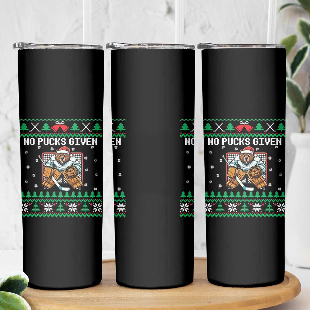Ugly Christmas Sweater Beaver Ice Hockey Goalie Skinny Tumbler No Pucks Given - Wonder Print Shop