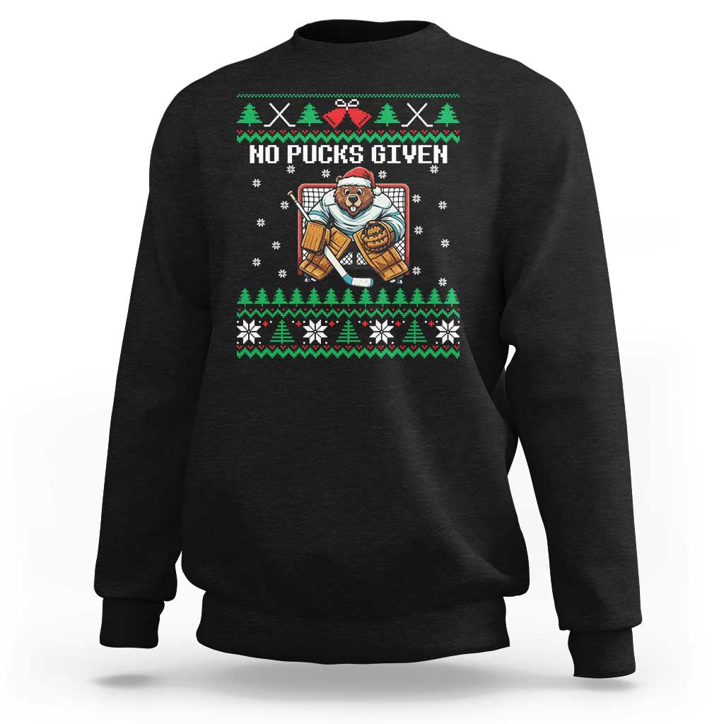 Ugly Christmas Sweater Beaver Ice Hockey Goalie Sweatshirt No Pucks Given - Wonder Print Shop