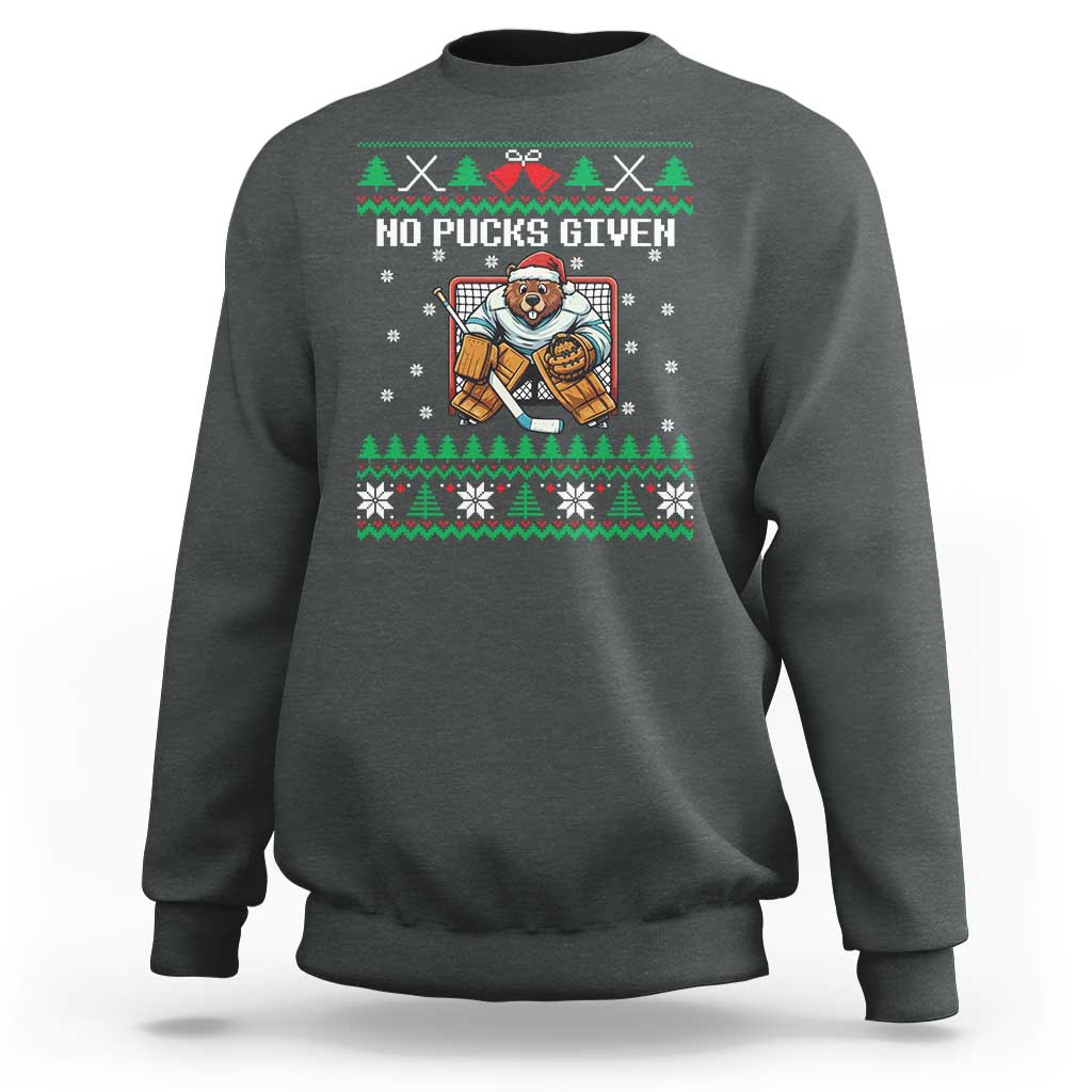 Ugly Christmas Sweater Beaver Ice Hockey Goalie Sweatshirt No Pucks Given - Wonder Print Shop