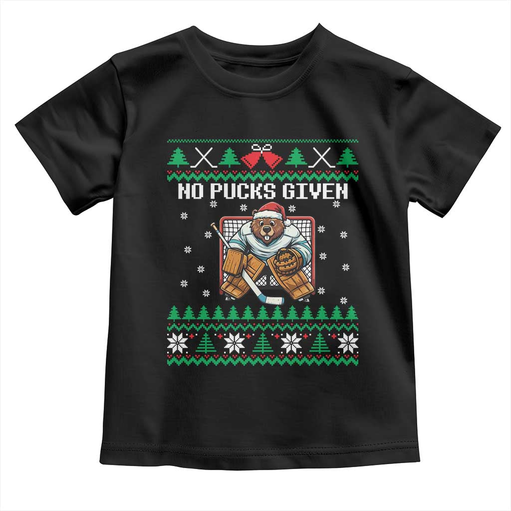 Ugly Christmas Sweater Beaver Ice Hockey Goalie Toddler T Shirt No Pucks Given - Wonder Print Shop