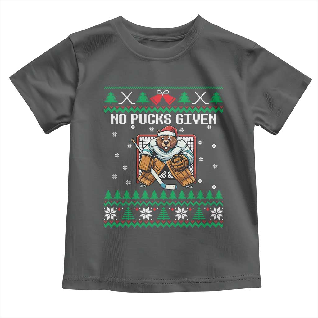 Ugly Christmas Sweater Beaver Ice Hockey Goalie Toddler T Shirt No Pucks Given - Wonder Print Shop