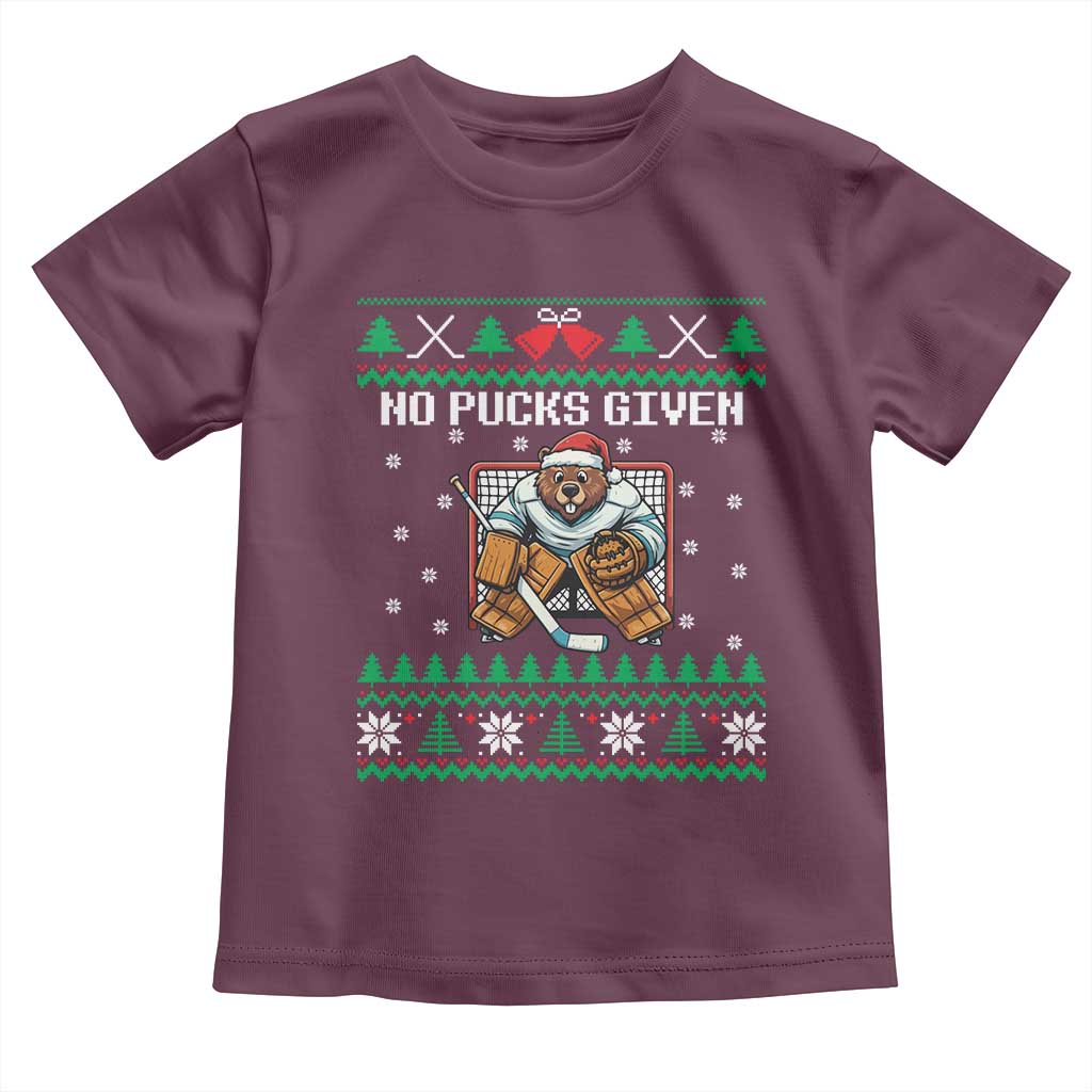 Ugly Christmas Sweater Beaver Ice Hockey Goalie Toddler T Shirt No Pucks Given - Wonder Print Shop