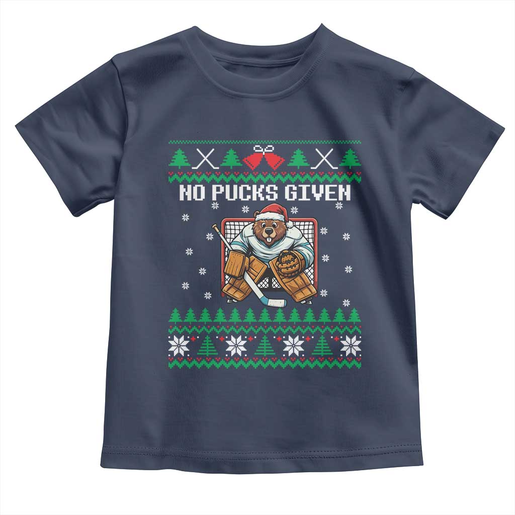 Ugly Christmas Sweater Beaver Ice Hockey Goalie Toddler T Shirt No Pucks Given - Wonder Print Shop
