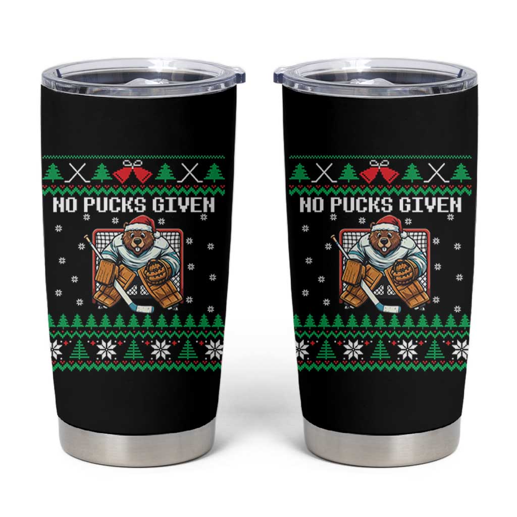 Ugly Christmas Sweater Beaver Ice Hockey Goalie Tumbler Cup No Pucks Given - Wonder Print Shop