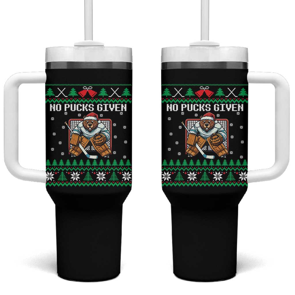Ugly Christmas Sweater Beaver Ice Hockey Goalie Tumbler With Handle No Pucks Given - Wonder Print Shop
