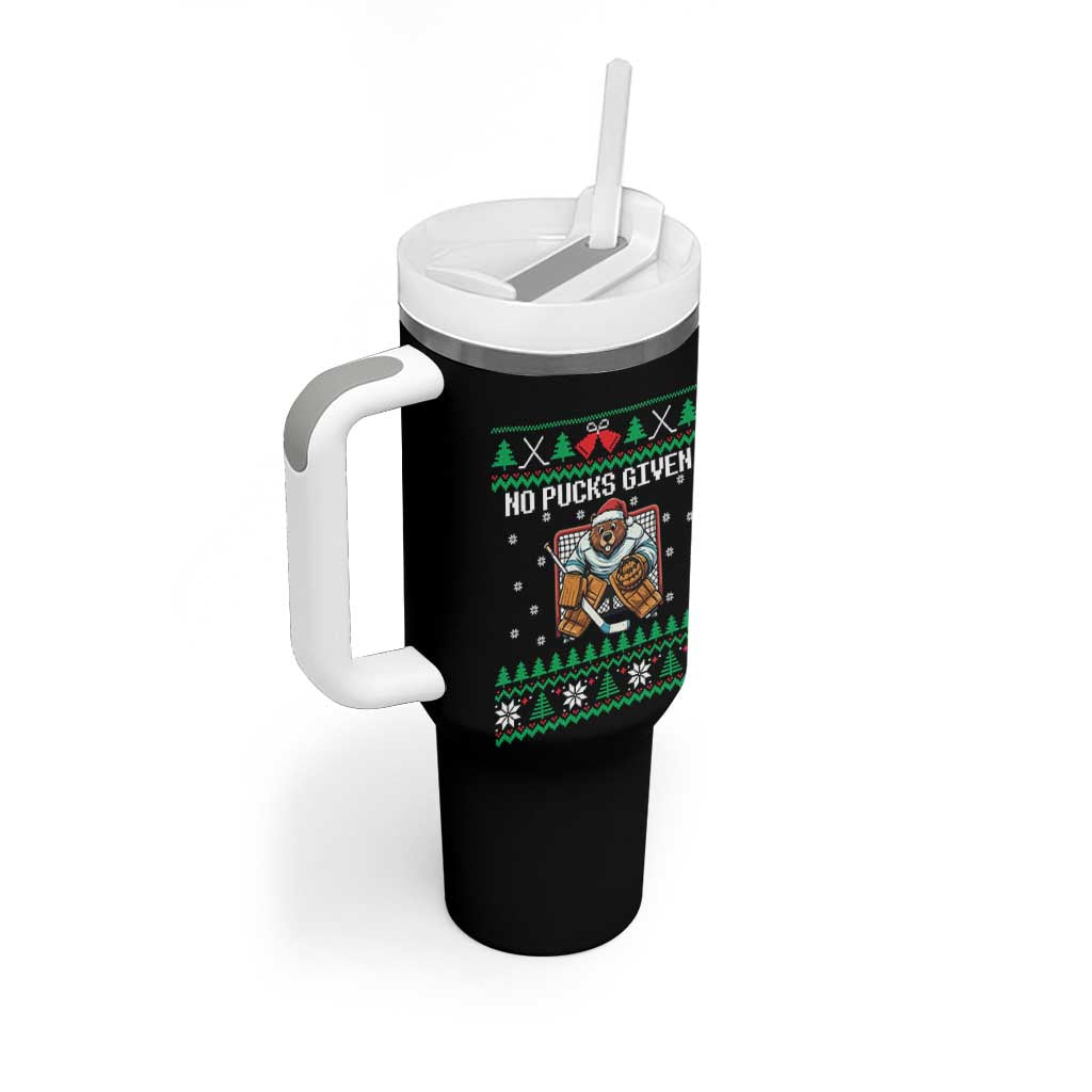 Ugly Christmas Sweater Beaver Ice Hockey Goalie Tumbler With Handle No Pucks Given - Wonder Print Shop