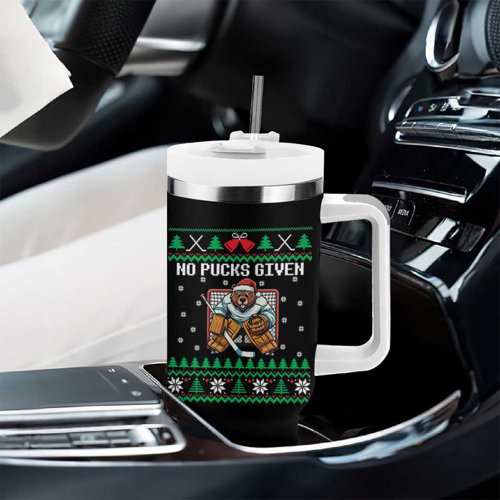 Ugly Christmas Sweater Beaver Ice Hockey Goalie Tumbler With Handle No Pucks Given - Wonder Print Shop