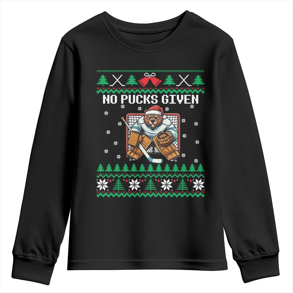 Ugly Christmas Sweater Beaver Ice Hockey Goalie Youth Sweatshirt No Pucks Given - Wonder Print Shop