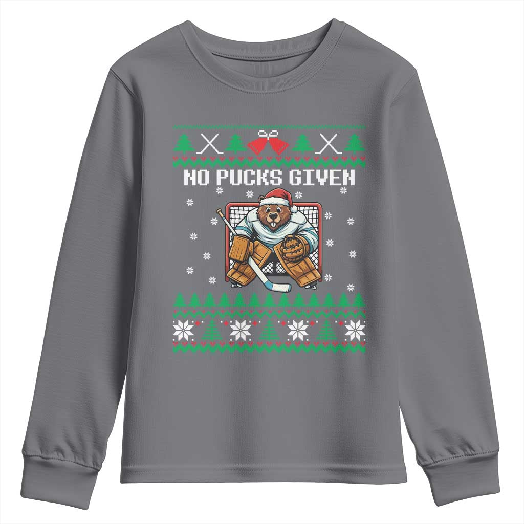 Ugly Christmas Sweater Beaver Ice Hockey Goalie Youth Sweatshirt No Pucks Given - Wonder Print Shop