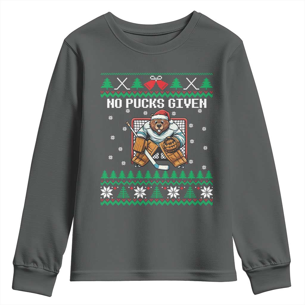 Ugly Christmas Sweater Beaver Ice Hockey Goalie Youth Sweatshirt No Pucks Given - Wonder Print Shop