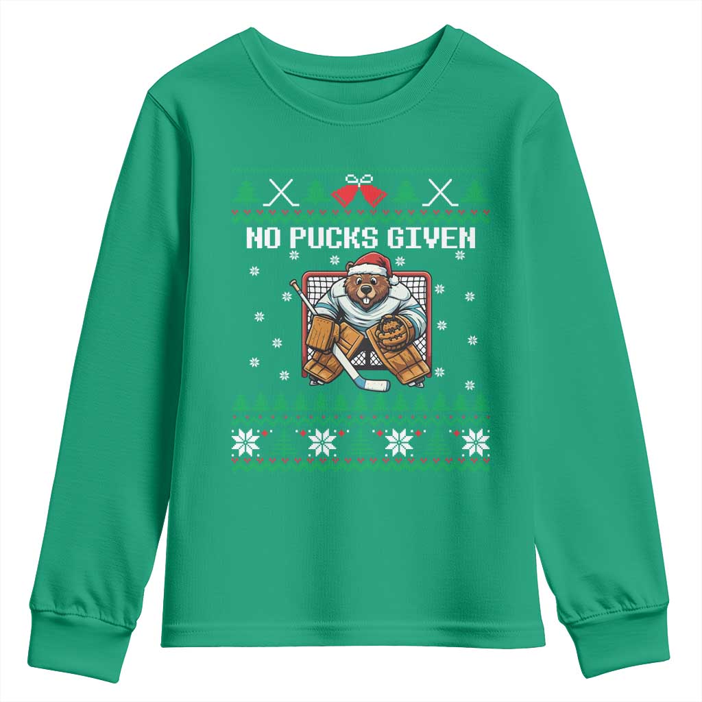 Ugly Christmas Sweater Beaver Ice Hockey Goalie Youth Sweatshirt No Pucks Given - Wonder Print Shop