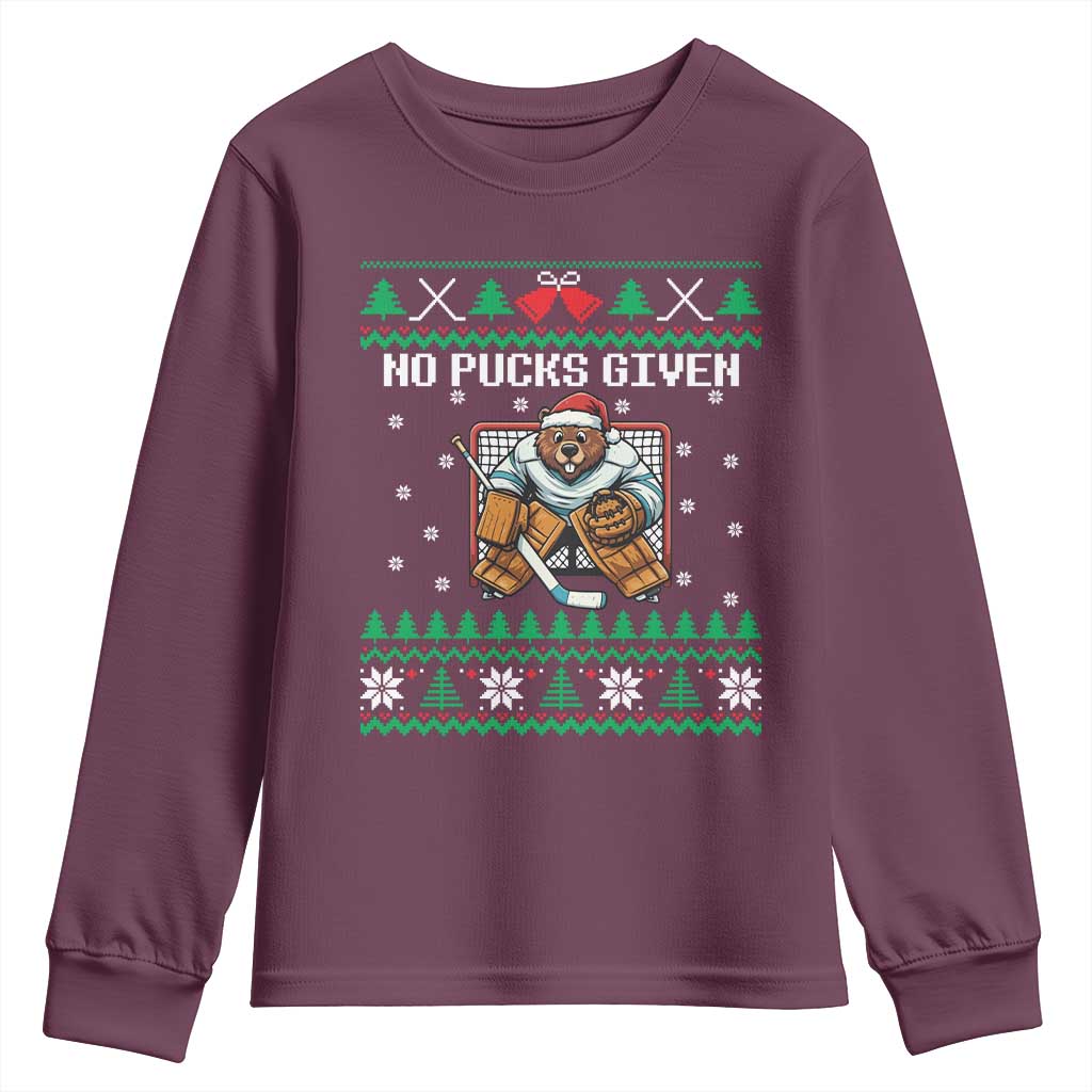 Ugly Christmas Sweater Beaver Ice Hockey Goalie Youth Sweatshirt No Pucks Given - Wonder Print Shop