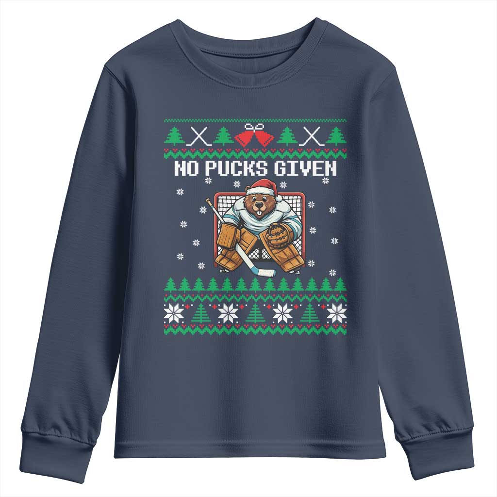 Ugly Christmas Sweater Beaver Ice Hockey Goalie Youth Sweatshirt No Pucks Given - Wonder Print Shop