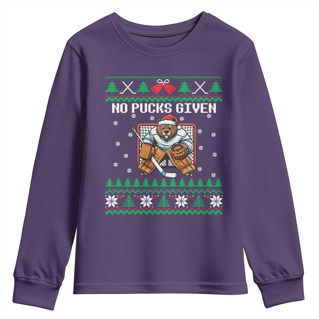 Ugly Christmas Sweater Beaver Ice Hockey Goalie Youth Sweatshirt No Pucks Given - Wonder Print Shop
