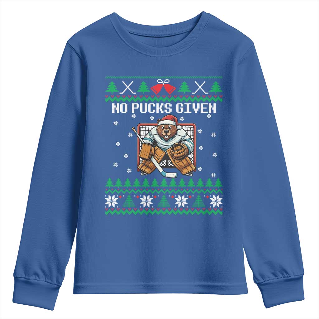 Ugly Christmas Sweater Beaver Ice Hockey Goalie Youth Sweatshirt No Pucks Given - Wonder Print Shop
